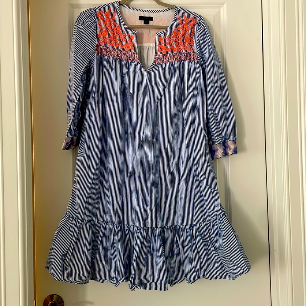 J. Crew blue and white striped summer dress. Easy fit. Coral detail